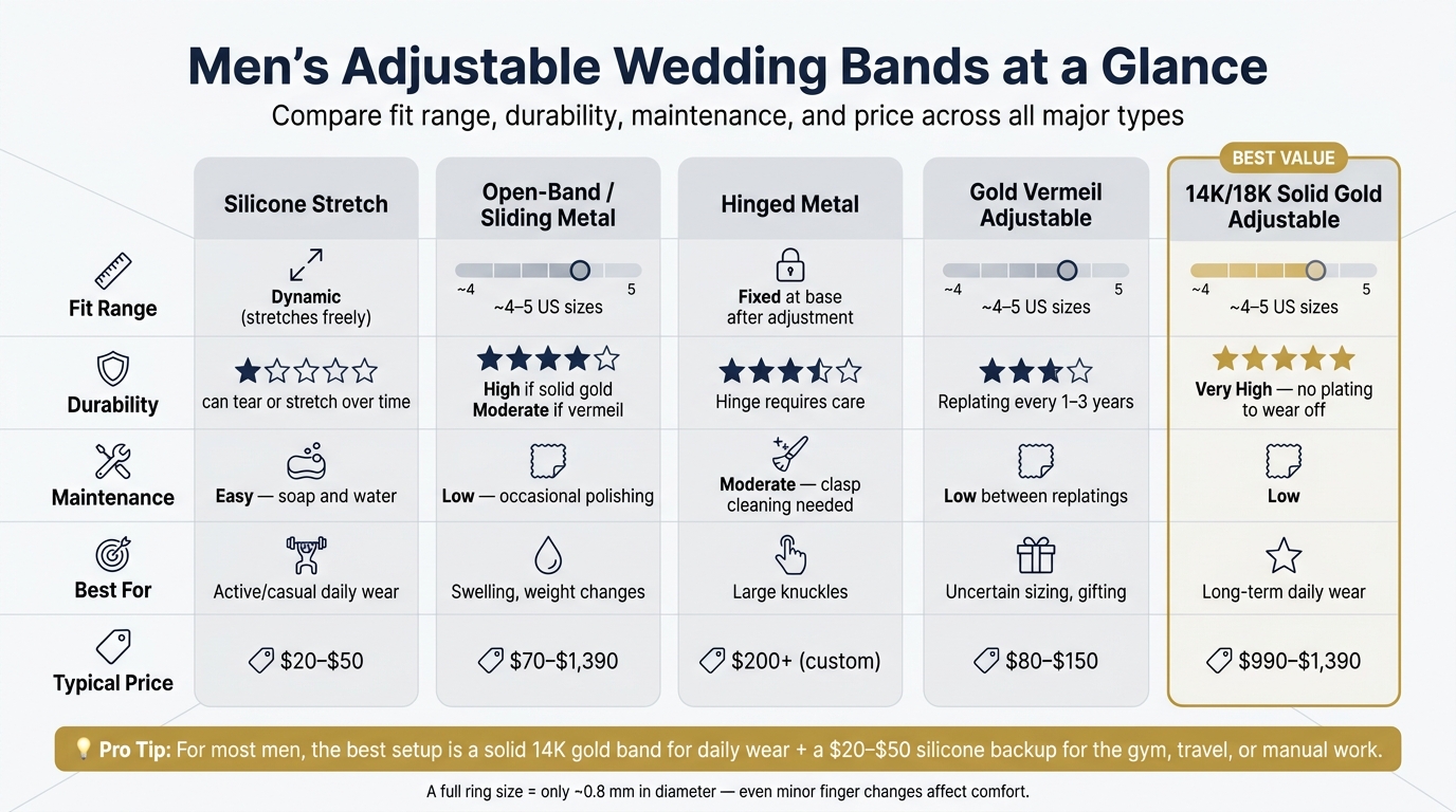 Men's Adjustable Wedding Bands: Types, Fit Range & Price Compared