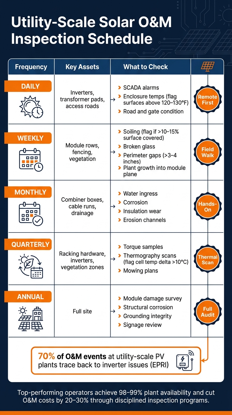 Utility-Scale Solar O&M Inspection Schedule by Frequency & Asset