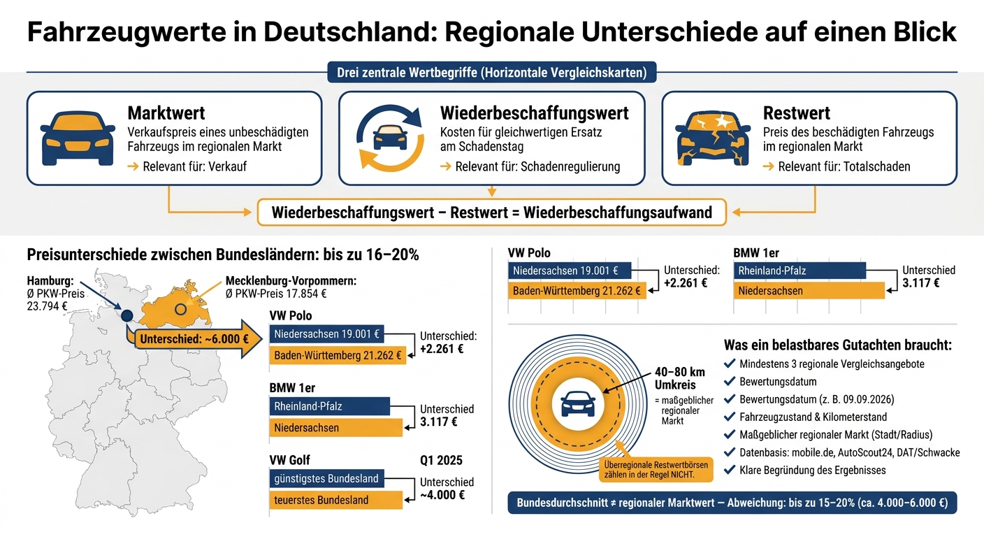 Marktwert, Wiederbeschaffungswert & Restwert: Regionale Unterschiede in Deutschland