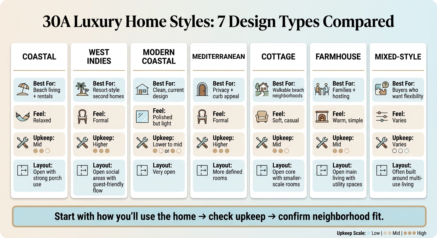 30A Luxury Home Styles Compared: 7 Design Types at a Glance
