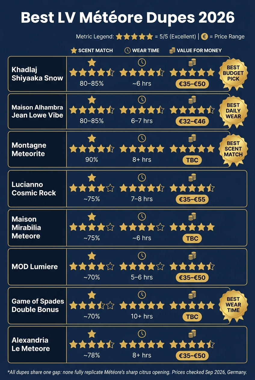 Best LV Météore Dupes 2026: Price, Scent Match & Wear Time Compared