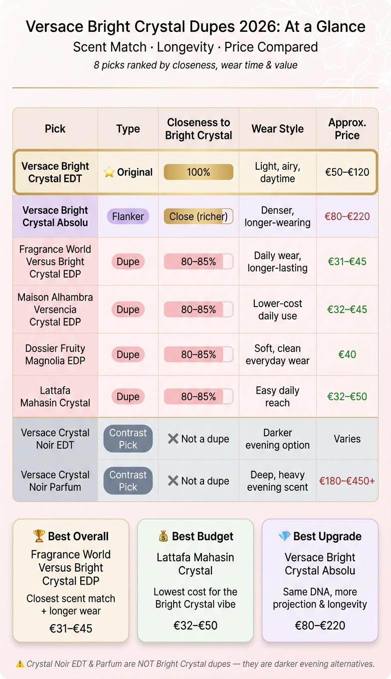 Versace Bright Crystal Dupes 2026: Scent Match, Longevity & Price Compared
