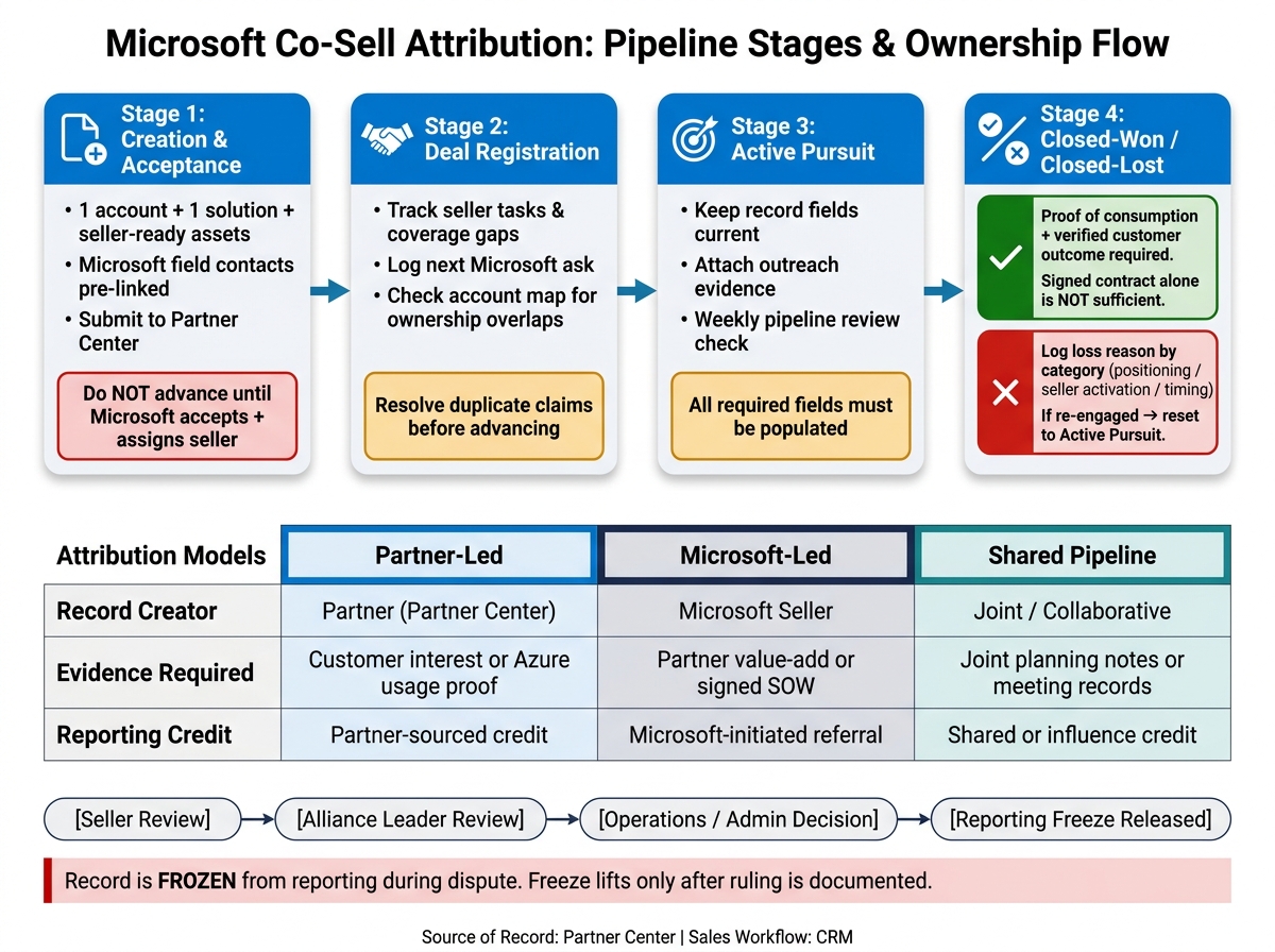 Microsoft Co-Sell Attribution: 4-Stage Pipeline & Role Ownership Flow