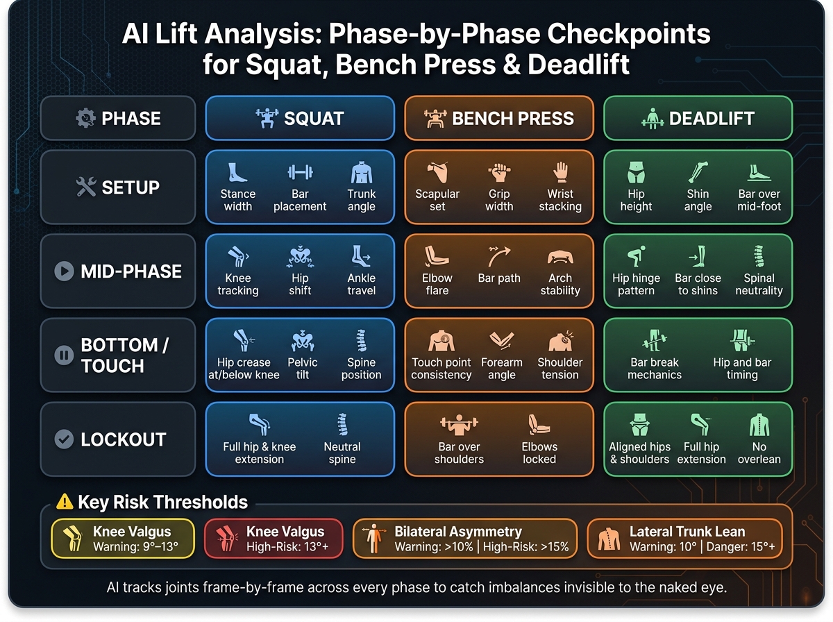 AI Lift Analysis: Phase-by-Phase Checkpoints for Squat, Bench Press & Deadlift