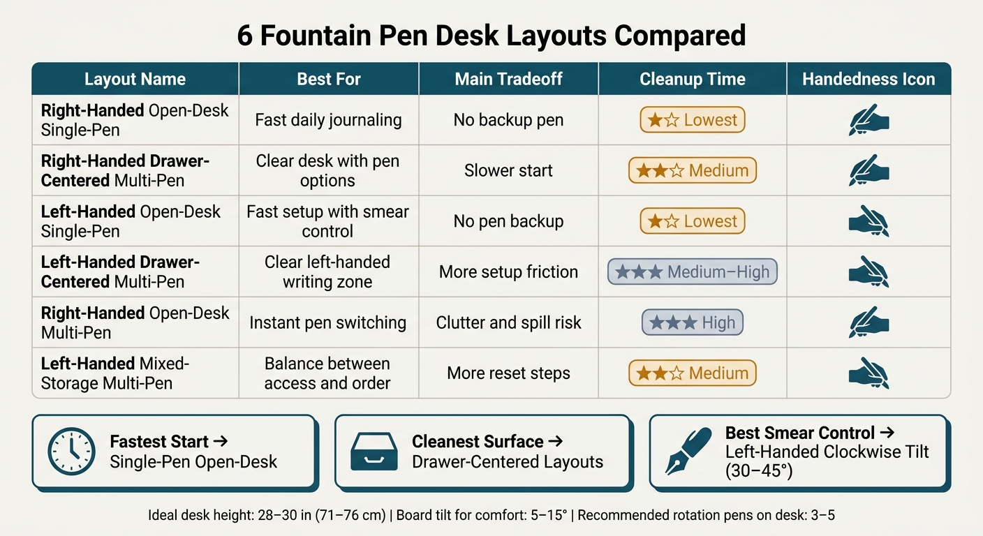 6 Fountain Pen Desk Layouts Compared: Speed, Storage & Cleanup