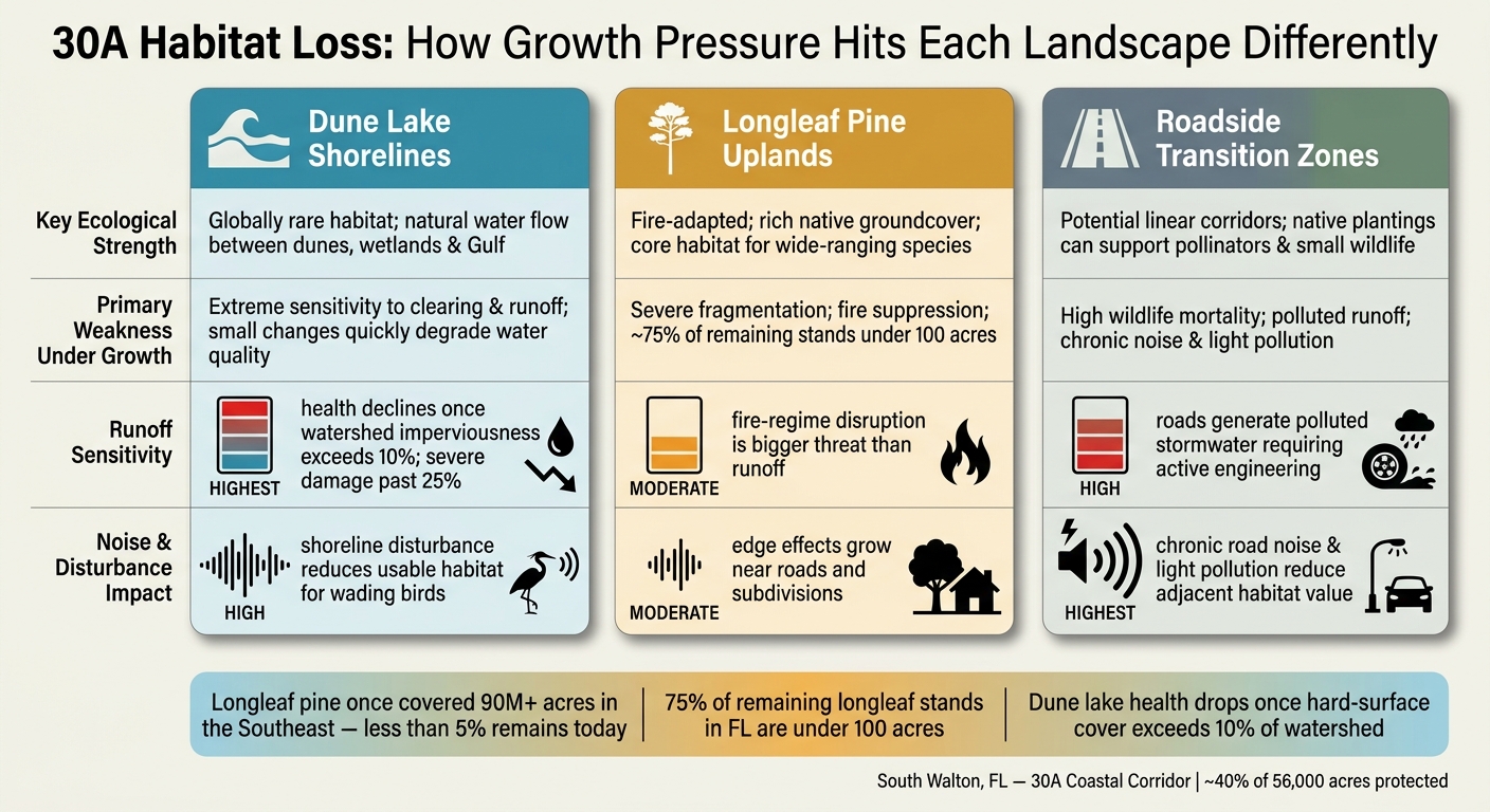 30A Habitat Loss: Dune Lakes vs. Longleaf Pines vs. Roadside Zones