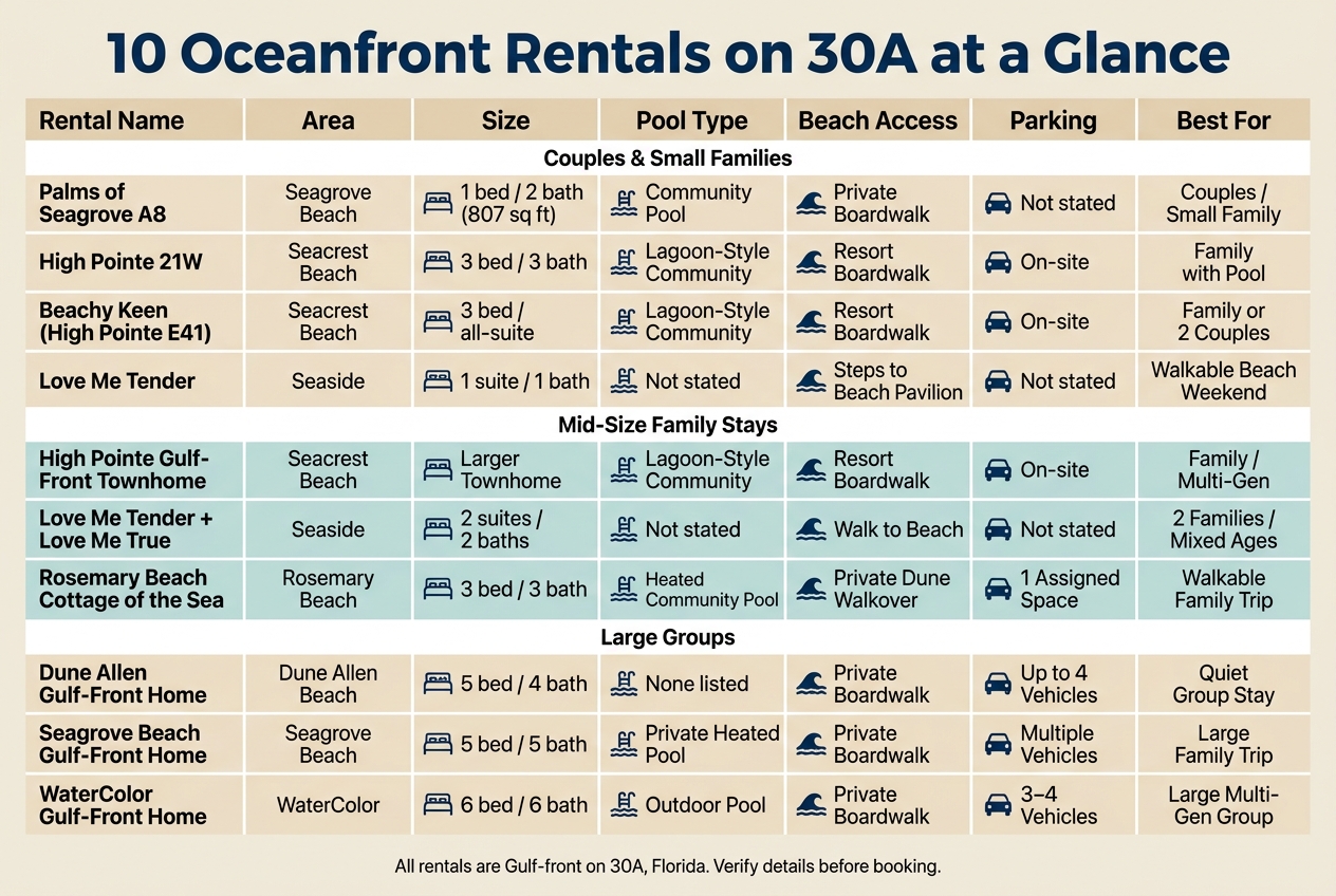 10 Oceanfront Rentals on 30A: Side-by-Side Comparison