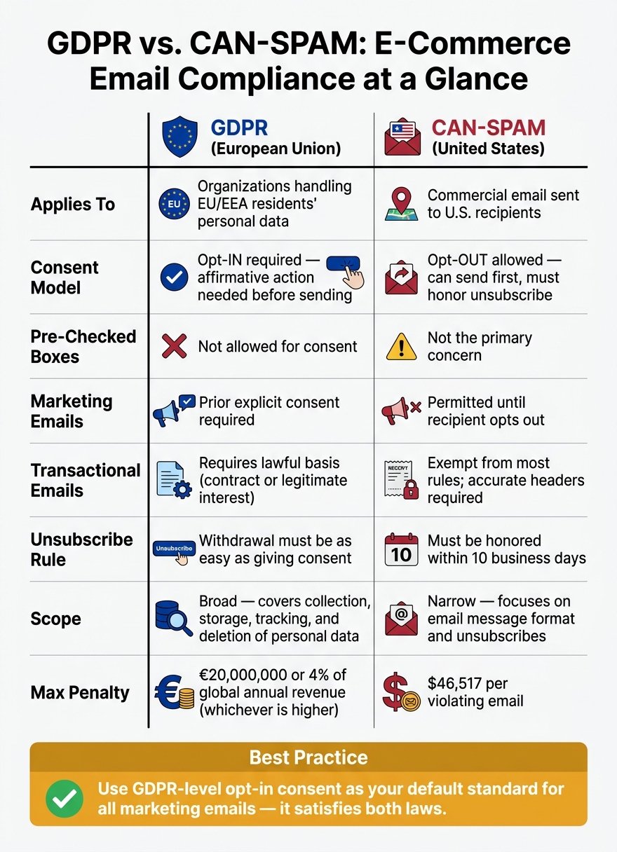 GDPR vs. CAN-SPAM: E-Commerce Email Compliance at a Glance