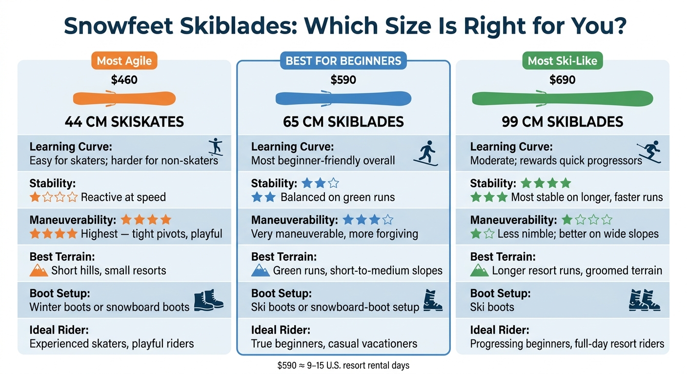 Snowfeet Skiblades Size Comparison: 44cm vs 65cm vs 99cm