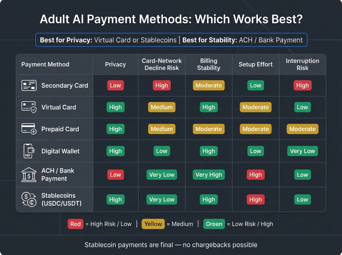 Adult AI Payment Methods Compared: Privacy, Stability & Decline Risk