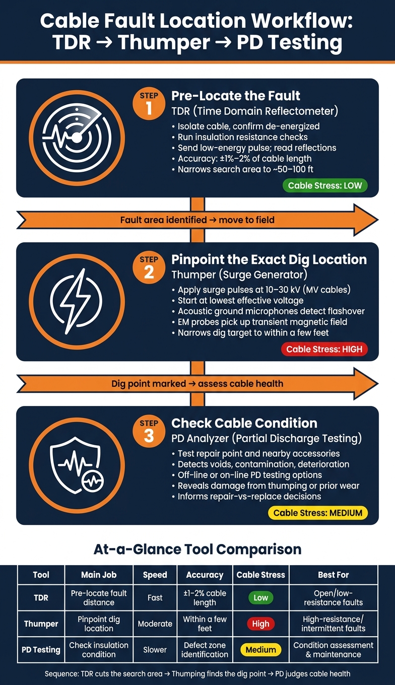 Cable Fault Location Workflow: TDR → Thumper → PD Testing
