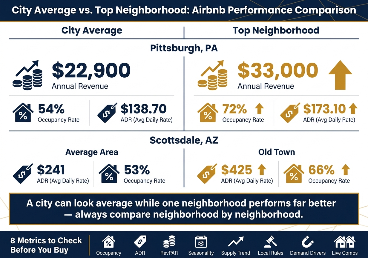 Airbnb Neighborhood Data: City Average vs. Top Neighborhood Performance