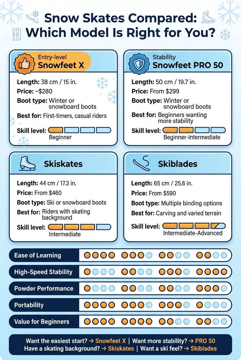 Snow Skates Compared: Snowfeet X vs PRO 50 vs Skiskates vs Skiblades