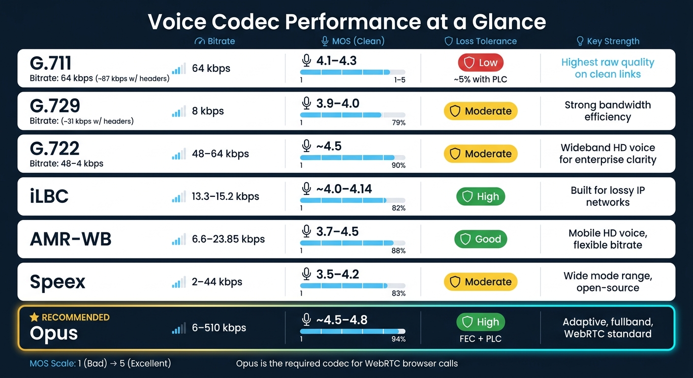 Voice Codec Comparison: Bitrate, MOS & Loss Tolerance