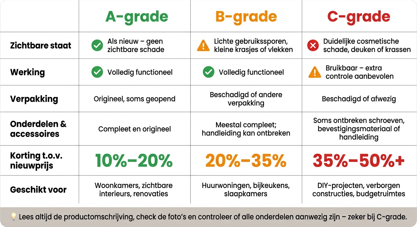A-, B- en C-grade retourwaar: conditie, korting en gebruik in één overzicht