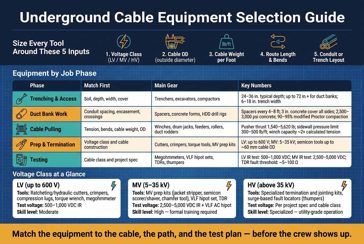 Underground Cable Equipment Selection Guide by Voltage Class & Job Phase