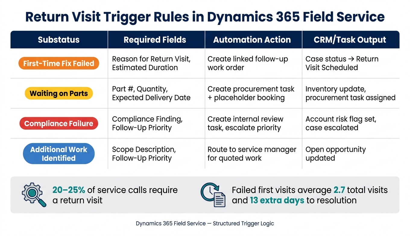 Return Visit Trigger Rules: Booking Substatus to Automation Action in Dynamics 365