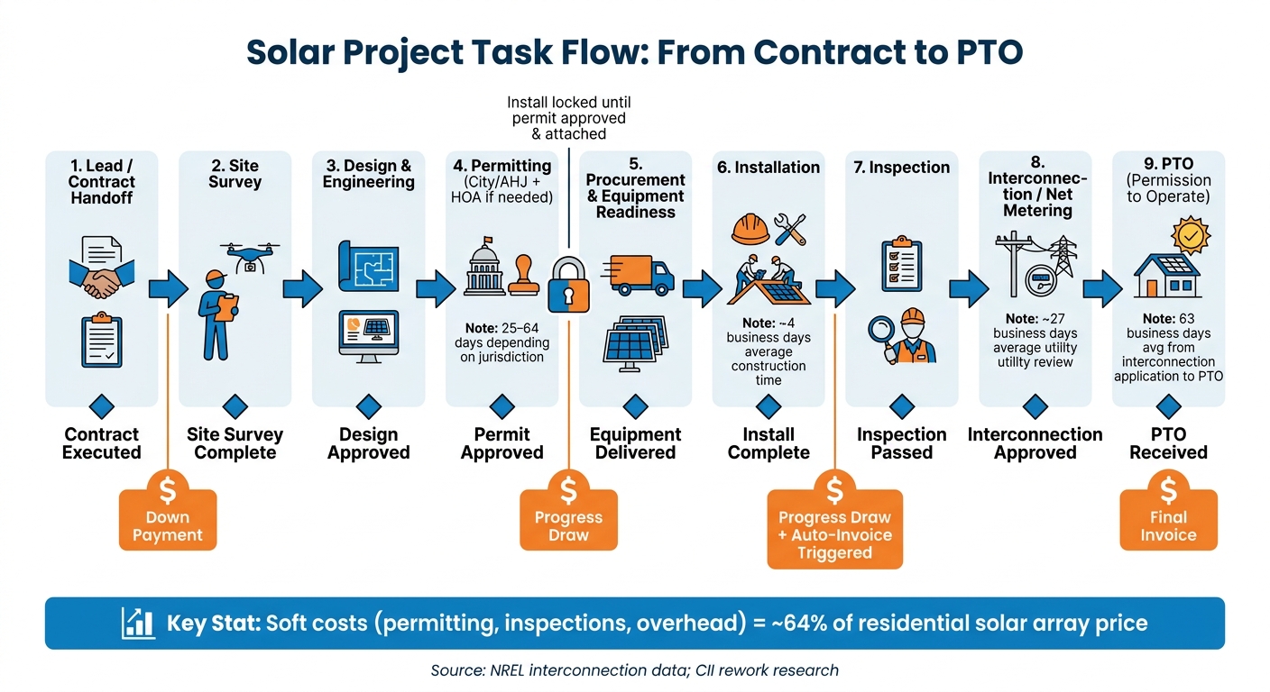Solar Project Task Flow: From Contract to PTO in a Solar ERP