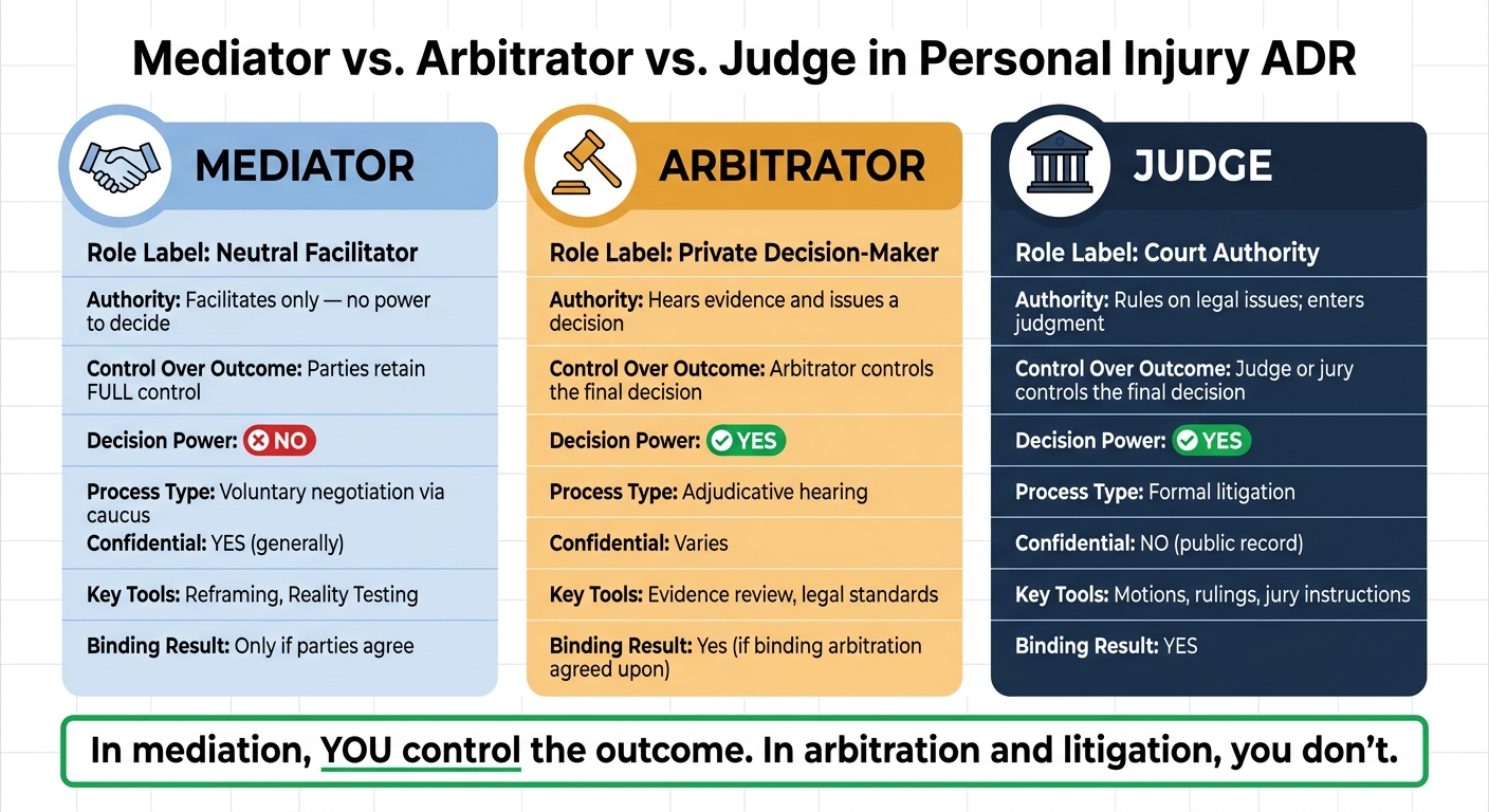 Mediator vs. Arbitrator vs. Judge: Who Controls Your Personal Injury Case?