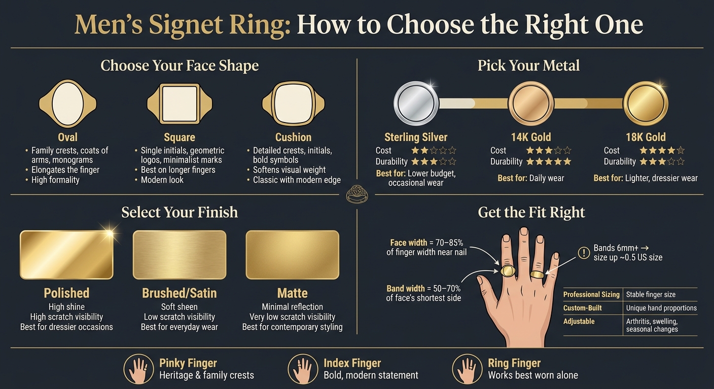 Men's Signet Ring Buying Guide: Shape, Metal, Finish & Fit at a Glance