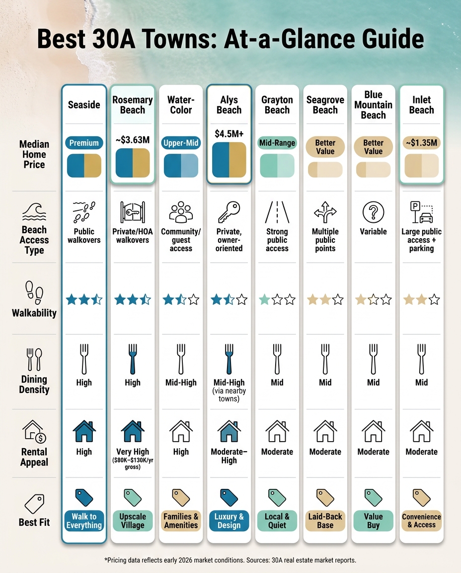 Best 30A Towns Compared: Beach, Food, Shops & Price