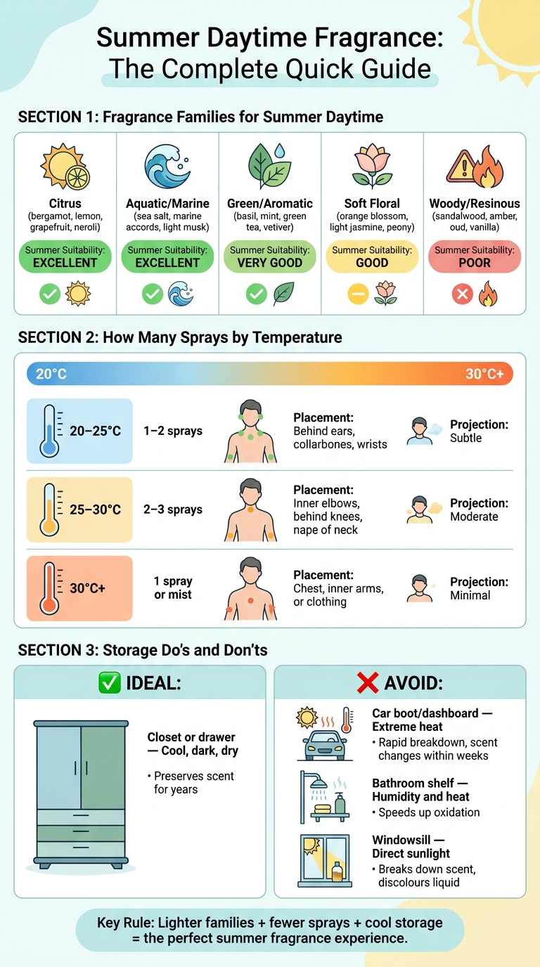 Summer Fragrance Guide: Families, Application & Storage at a Glance