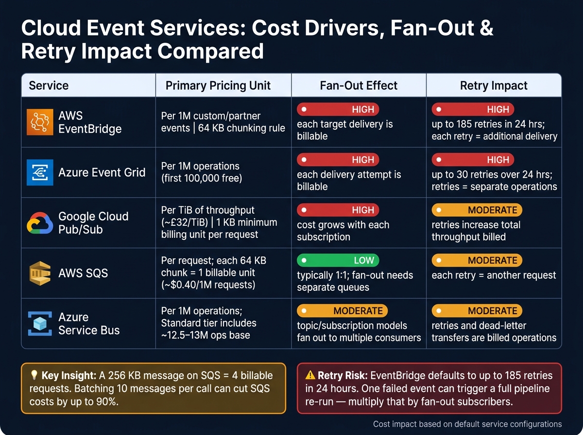 Cloud Event Services: Cost Drivers, Fan-Out &amp; Retry Impact Compared