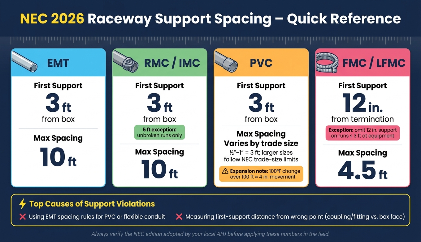 NEC 2026 Raceway Support Spacing Quick Reference Chart