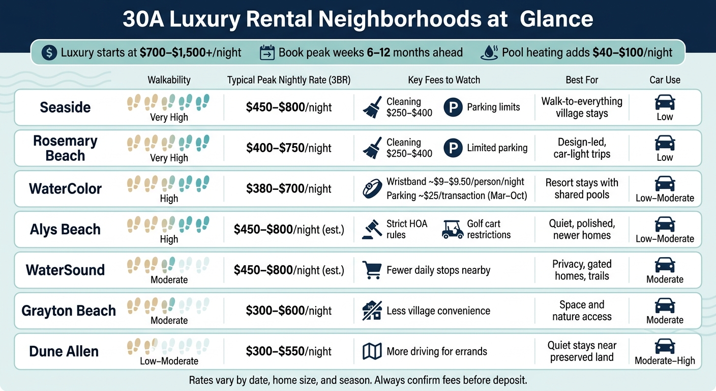 30A Luxury Rental Neighborhoods: Cost, Walkability & Fees Compared