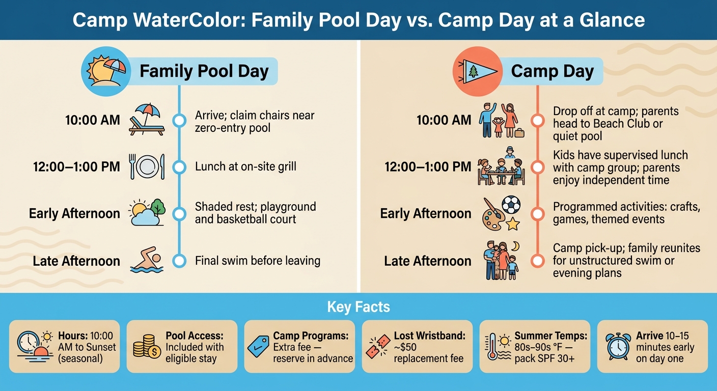 Camp WaterColor: Family Pool Day vs. Camp Day Schedule