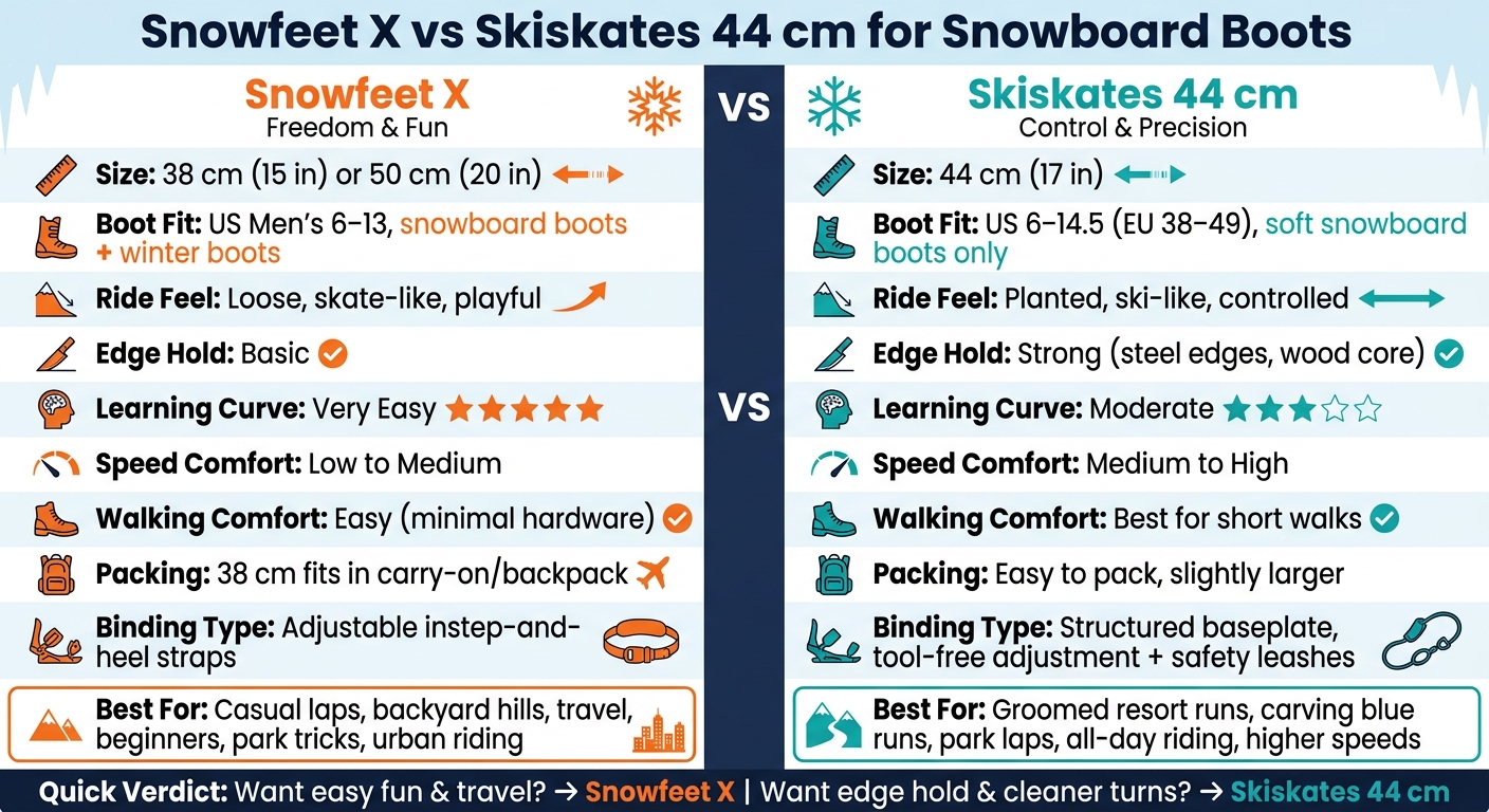 Snowfeet X vs Skiskates 44 cm: Side-by-Side Comparison for Snowboard Boot Riders