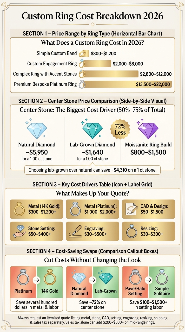 Custom Ring Cost Breakdown 2026: Lab-Grown vs. Natural Diamond & Metal Choices