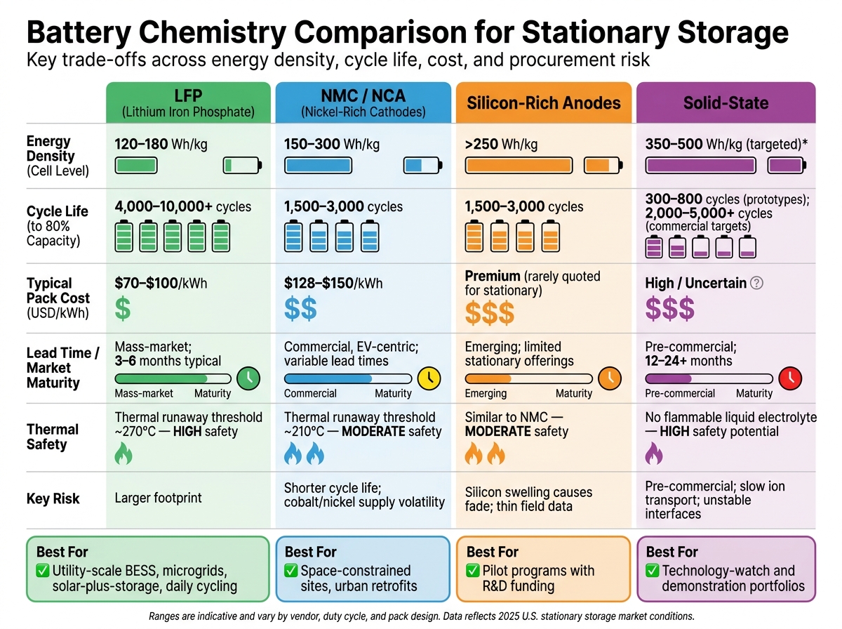 Battery Chemistry Comparison for Stationary Storage: LFP vs NMC vs Silicon vs Solid-State