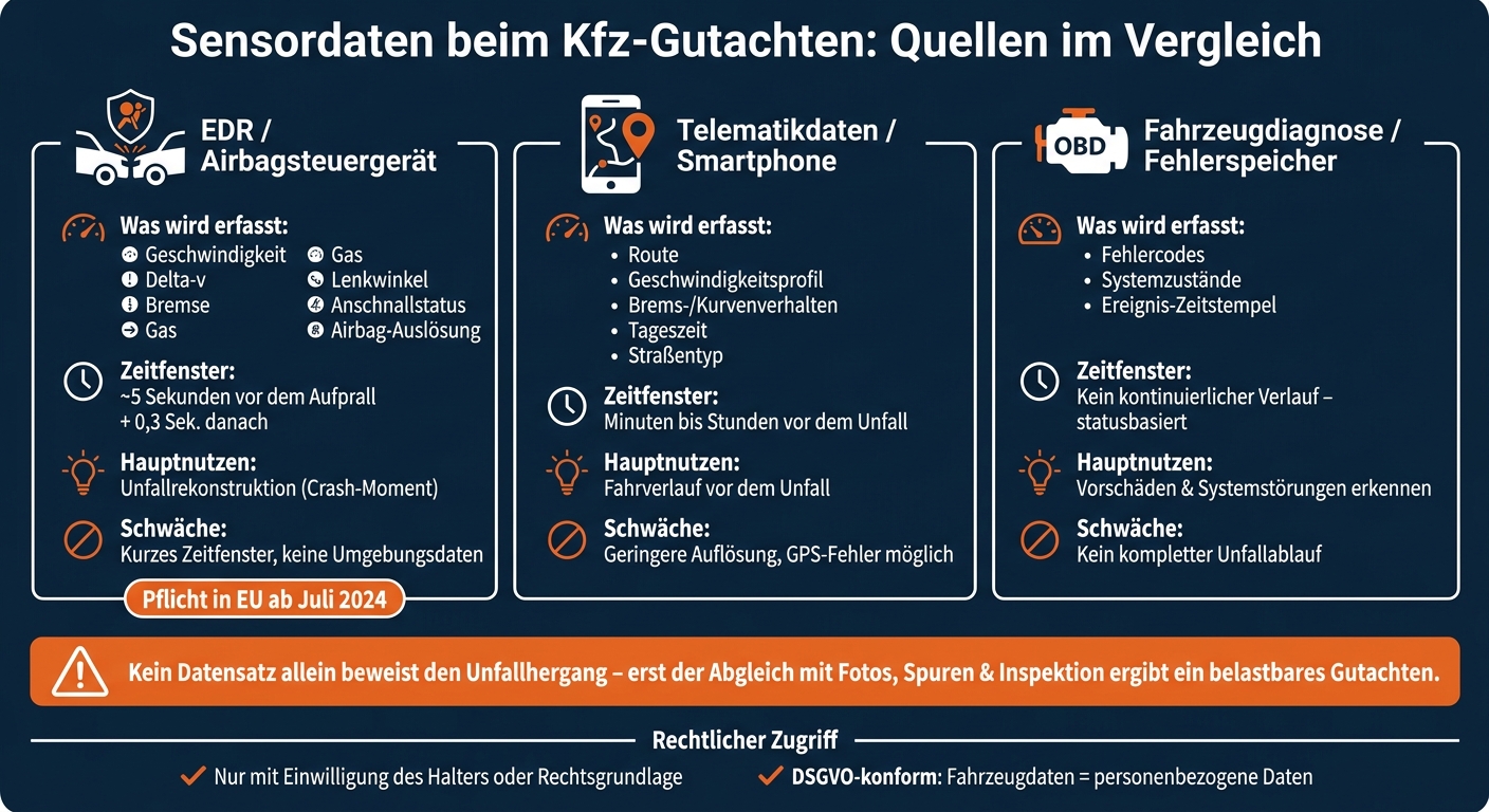 Kfz-Unfall: Sensordaten im Vergleich – EDR, Telematik & Fahrzeugdiagnose