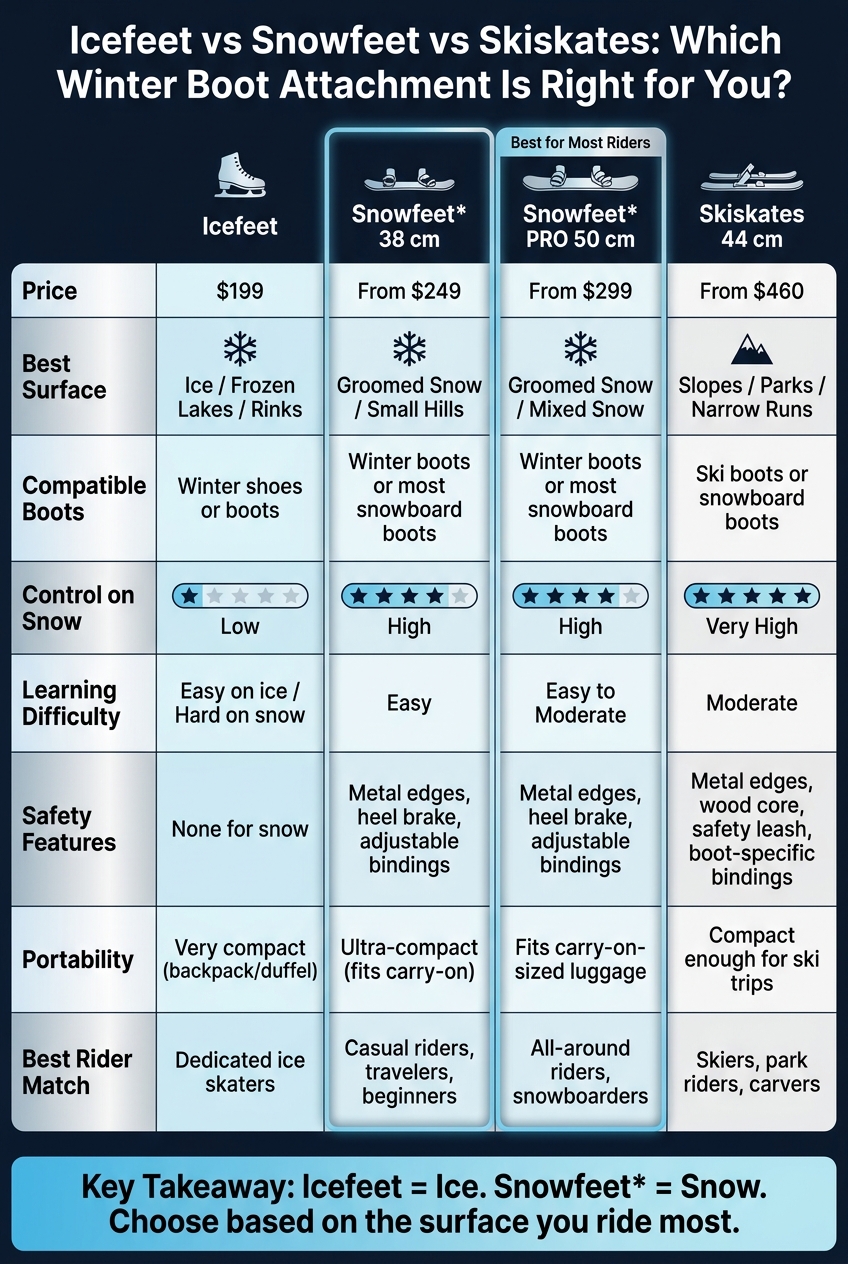 Icefeet vs Snowfeet vs Skiskates: Full Comparison Guide