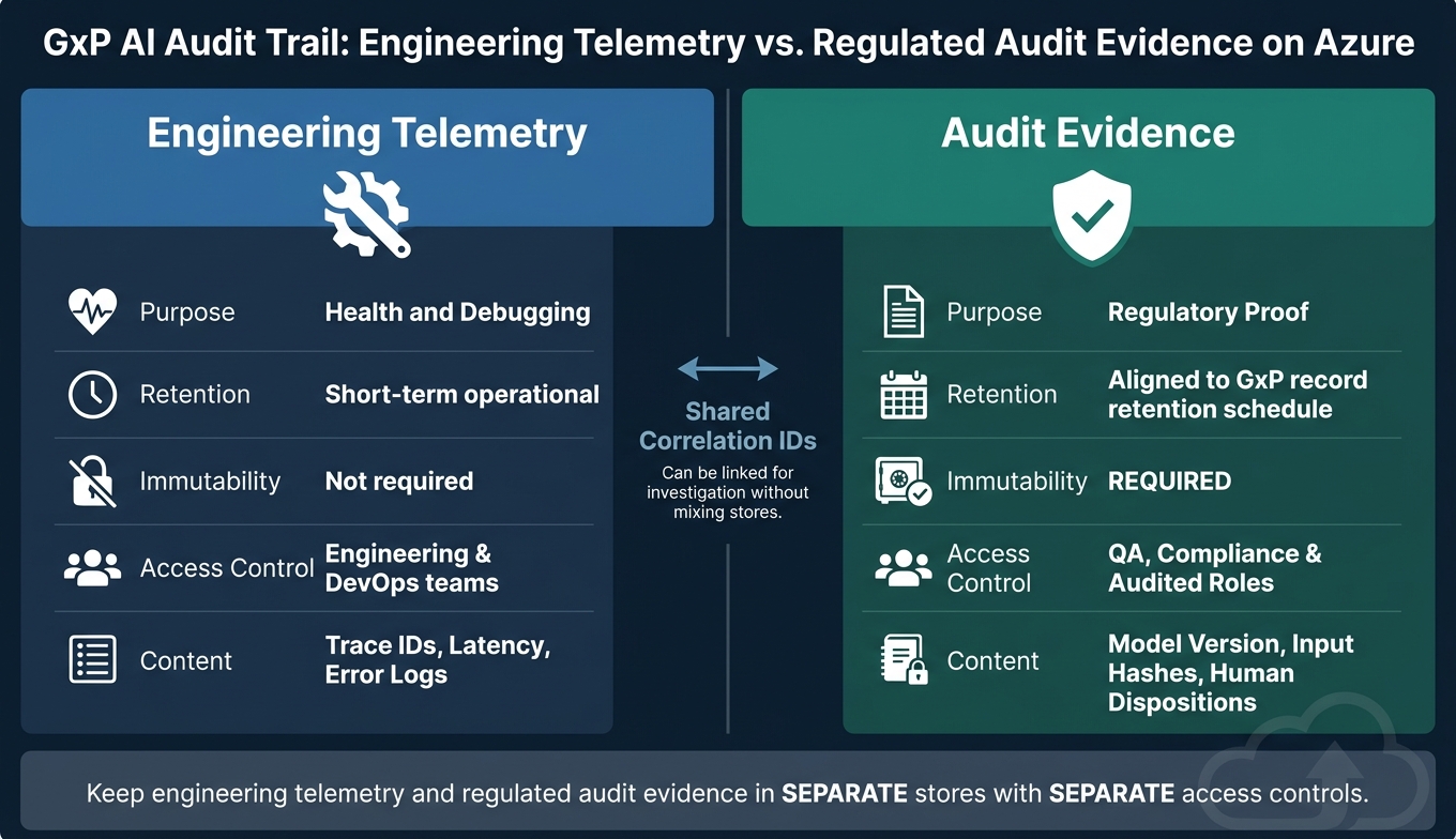 GxP AI Audit Trail: Engineering Telemetry vs. Regulated Audit Evidence on Azure
