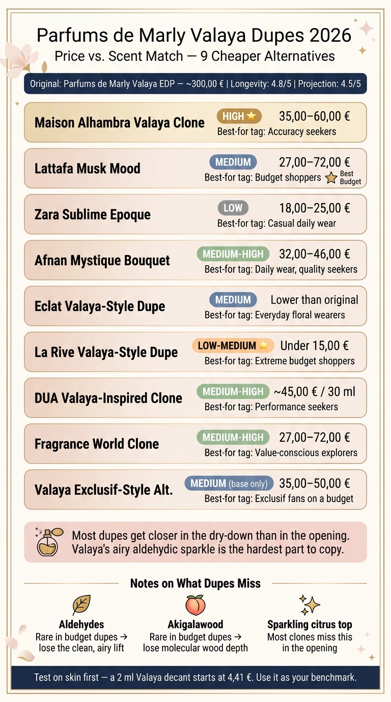 Parfums de Marly Valaya Dupes 2026: Price vs. Scent Match Comparison