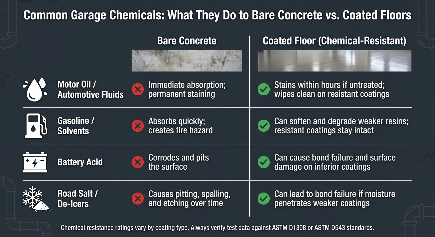 Chemical Resistance Testing For Garage Floors 1 Common Garage Chemicals: What They Do To Bare Concrete Vs. Coated Floors