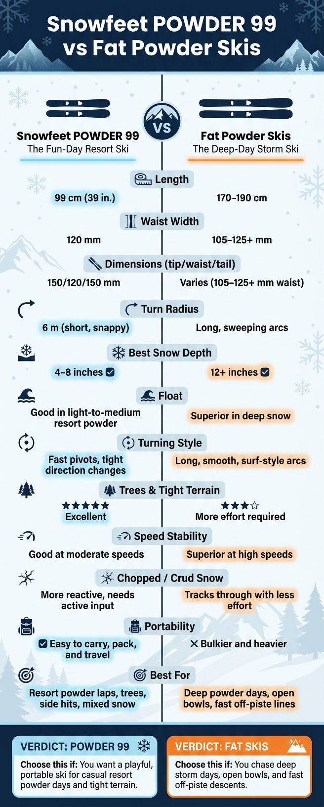 Snowfeet POWDER 99 vs Fat Powder Skis: Side-by-Side Comparison