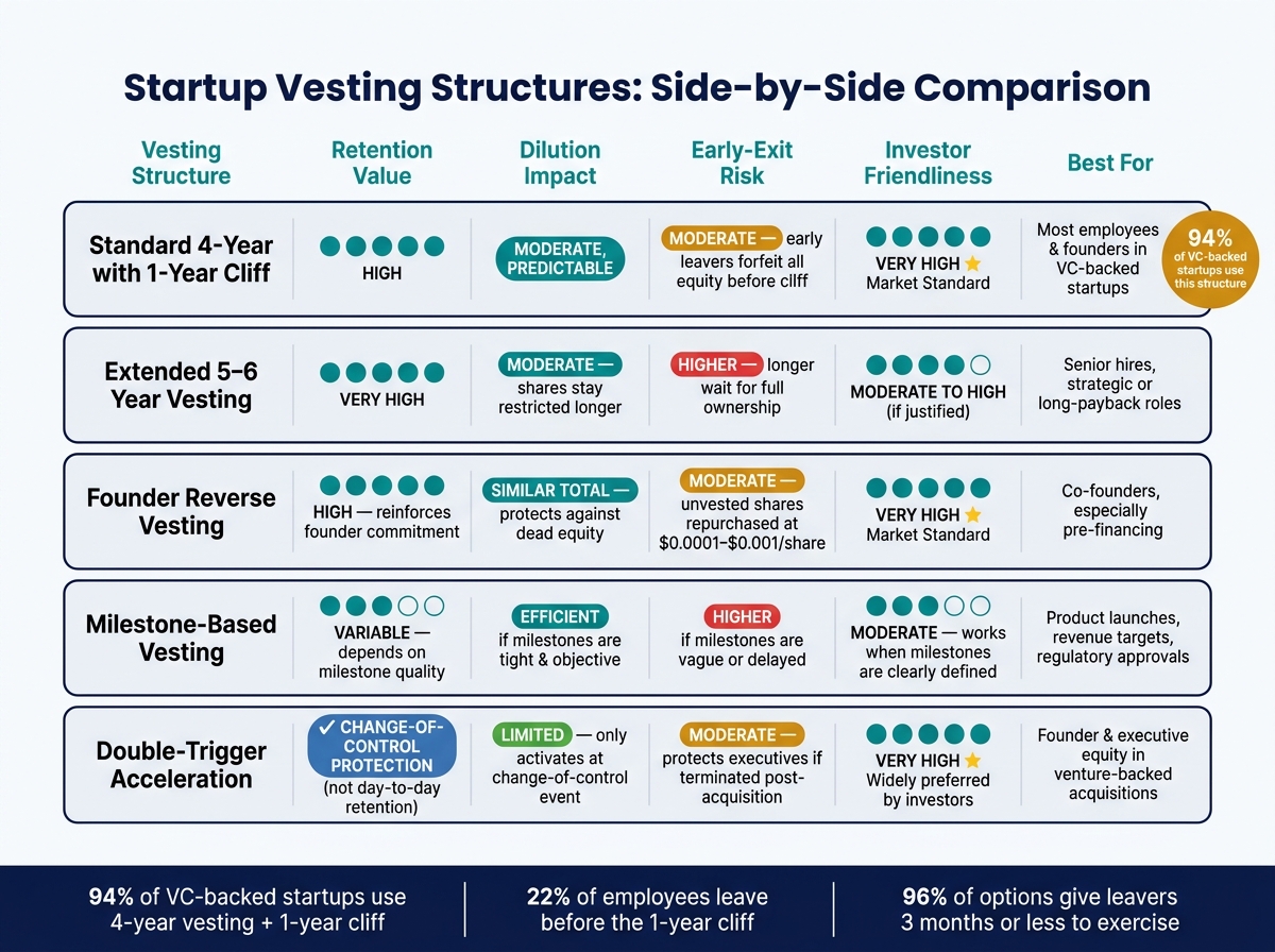 Startup Vesting Structures Compared: Retention, Dilution & Investor Fit