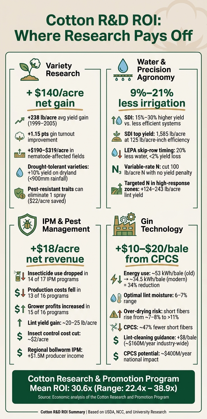 Cotton R&D ROI by Category: Field & Gin Gains at a Glance