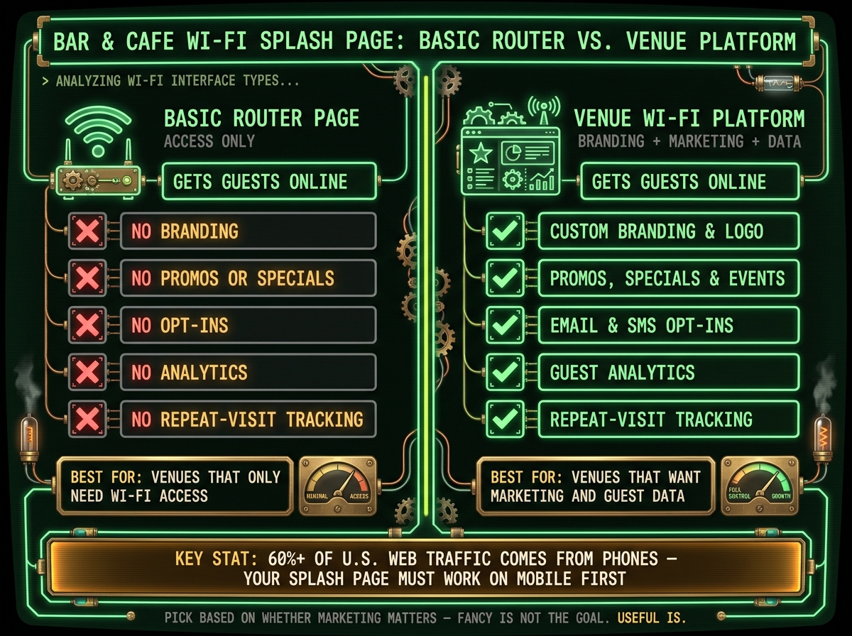 Bar & Cafe Wi-Fi Splash Page: Basic Router vs. Venue Platform