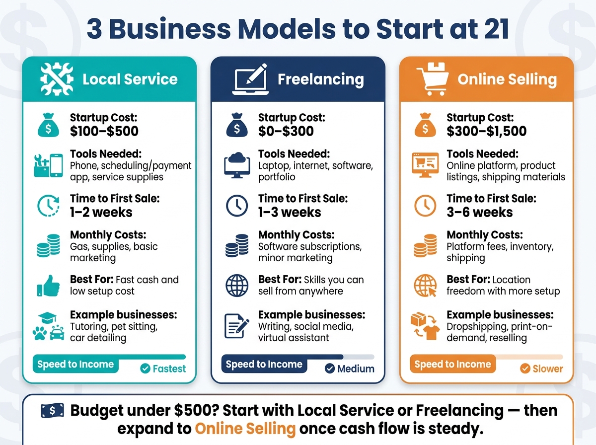 3 Business Models for 21-Year-Olds: Cost, Time & Tools Compared