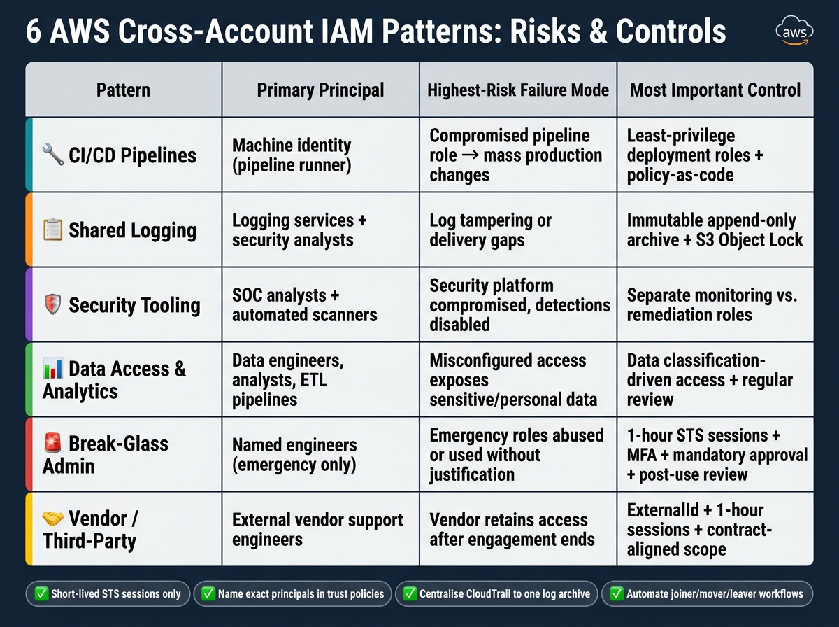 6 AWS Cross-Account IAM Patterns: Risks &amp; Controls Compared