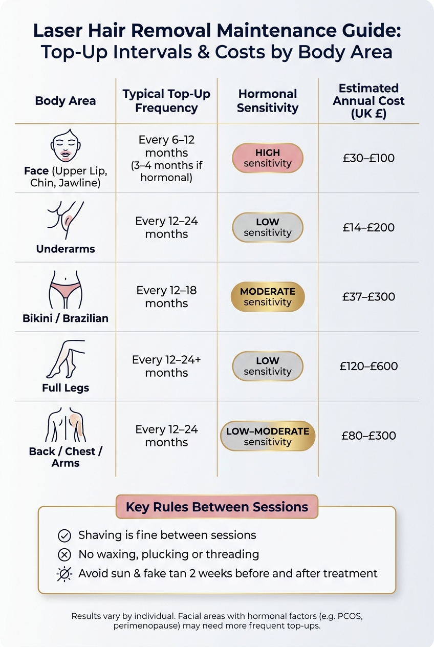 Laser Hair Removal Maintenance: Top-Up Intervals & Costs by Body Area