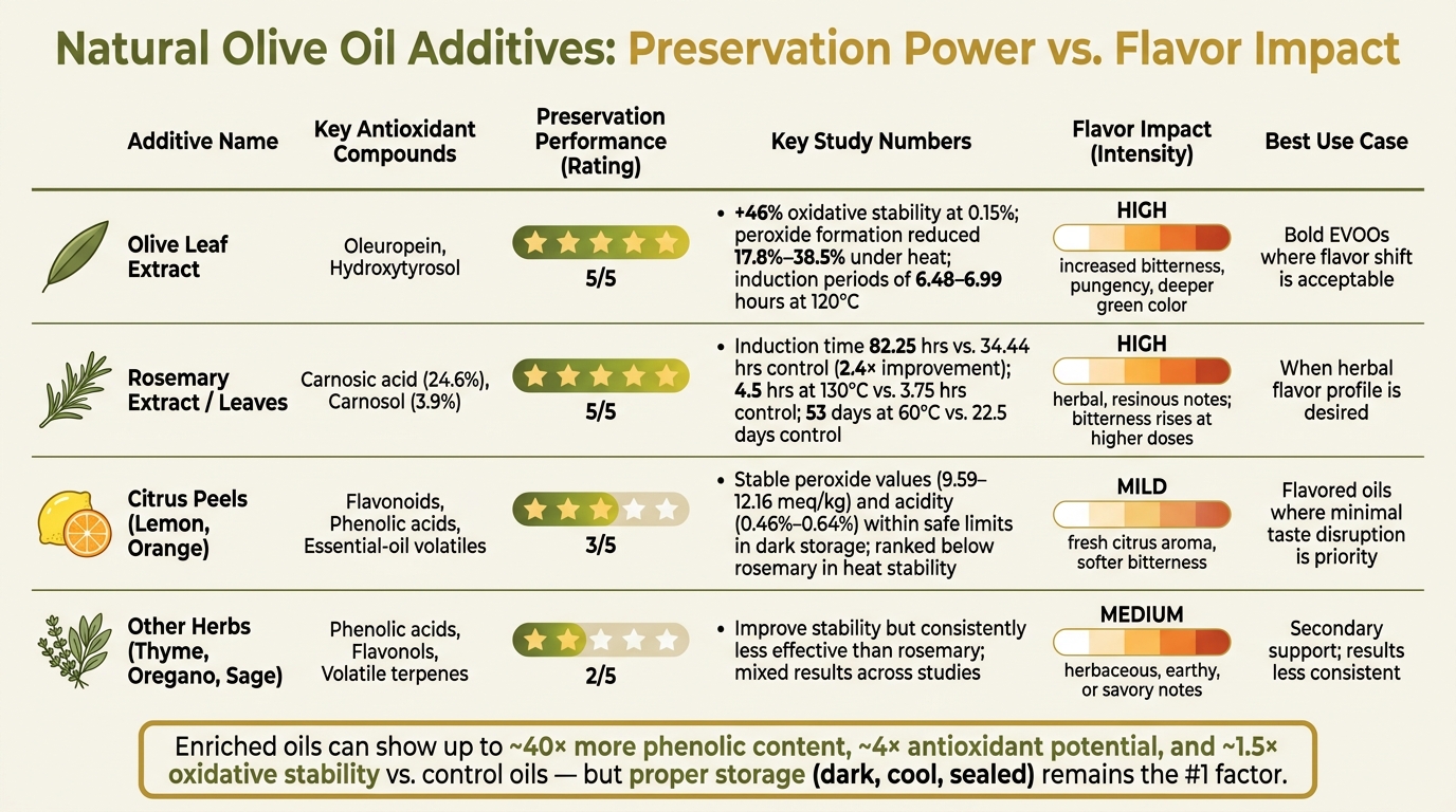 Natural Olive Oil Additives: Preservation Power vs. Flavor Impact
