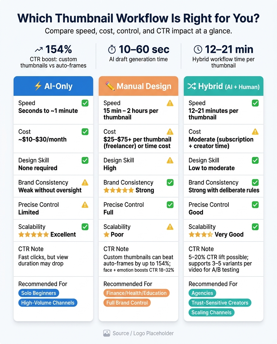 AI vs Manual vs Hybrid Thumbnail Workflows: Speed, Cost & CTR Compared