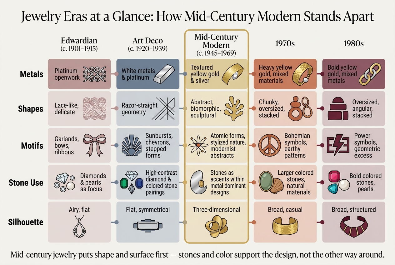 Mid-Century Modern Jewelry vs. Other Eras: Visual Style Guide