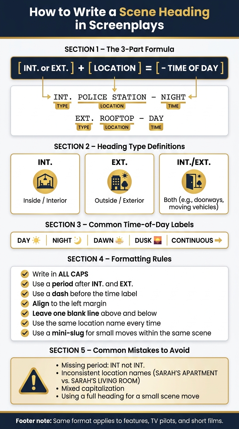How to Write a Scene Heading: The 3-Part Format Guide