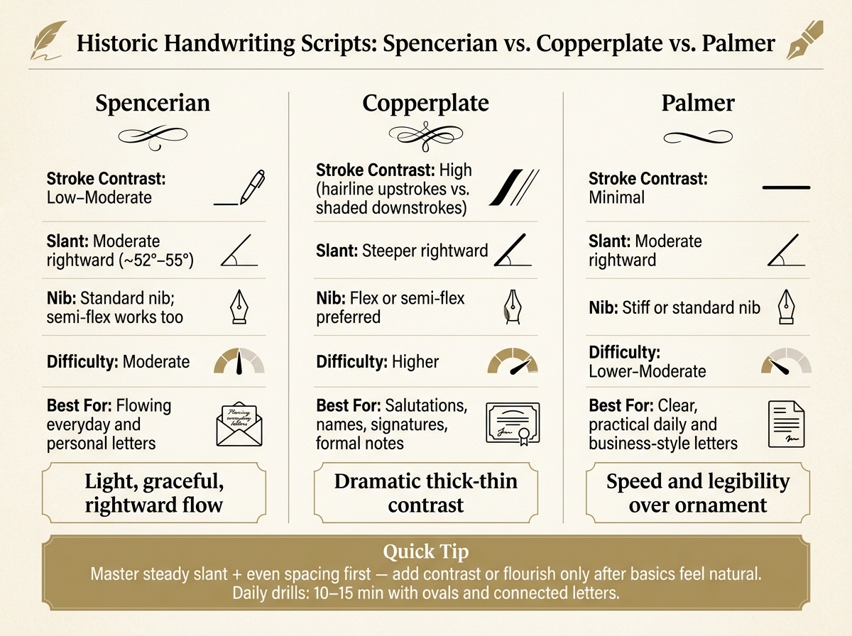 Historic Handwriting Scripts Compared: Spencerian vs. Copperplate vs. Palmer
